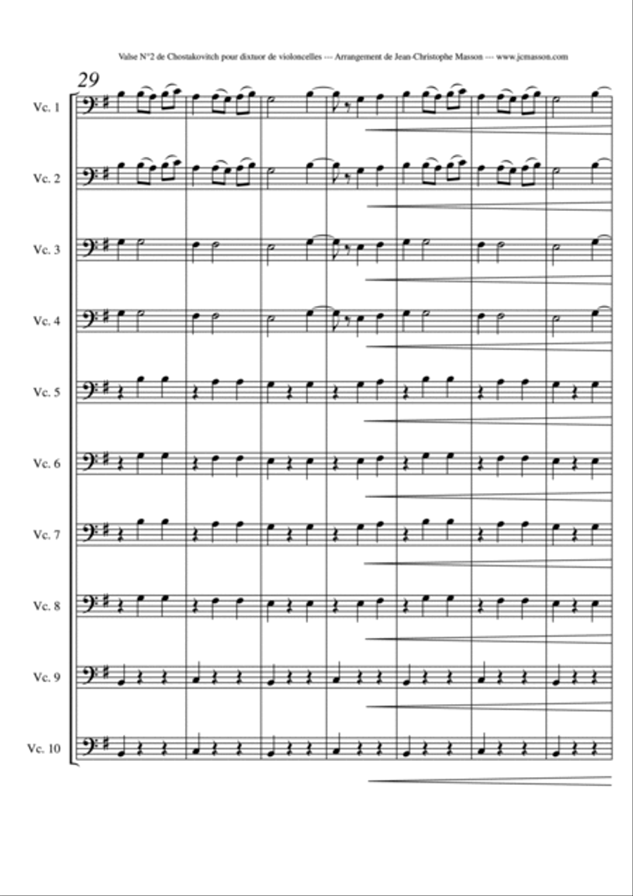 Valse n°2 by Chostakovitch for 10 cellos --- FULL SCORE AND PARTS --- Arrangement by Jean-Christoph Cello scores gallery preview page 6