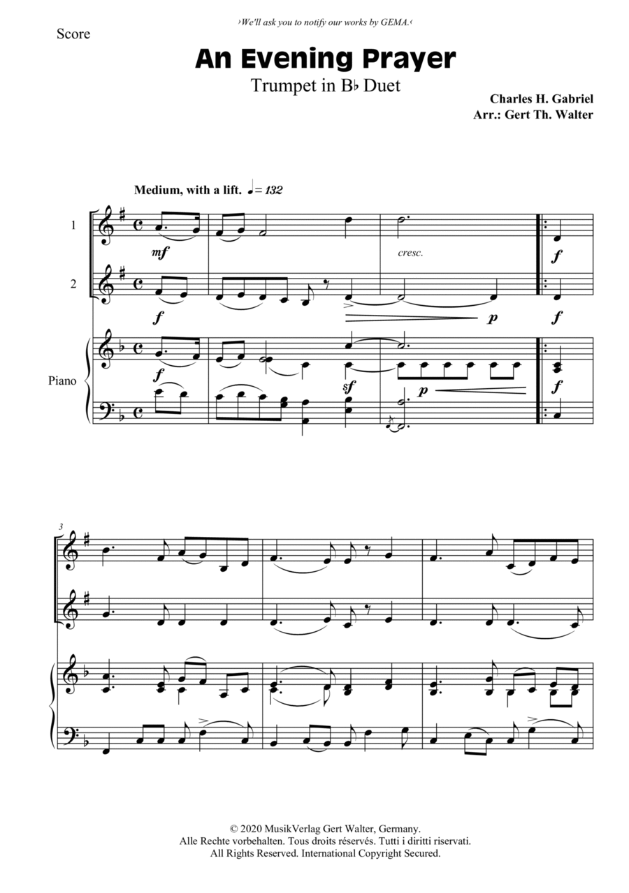 An Evening Prayer Trumpet Duet scores gallery preview page 1