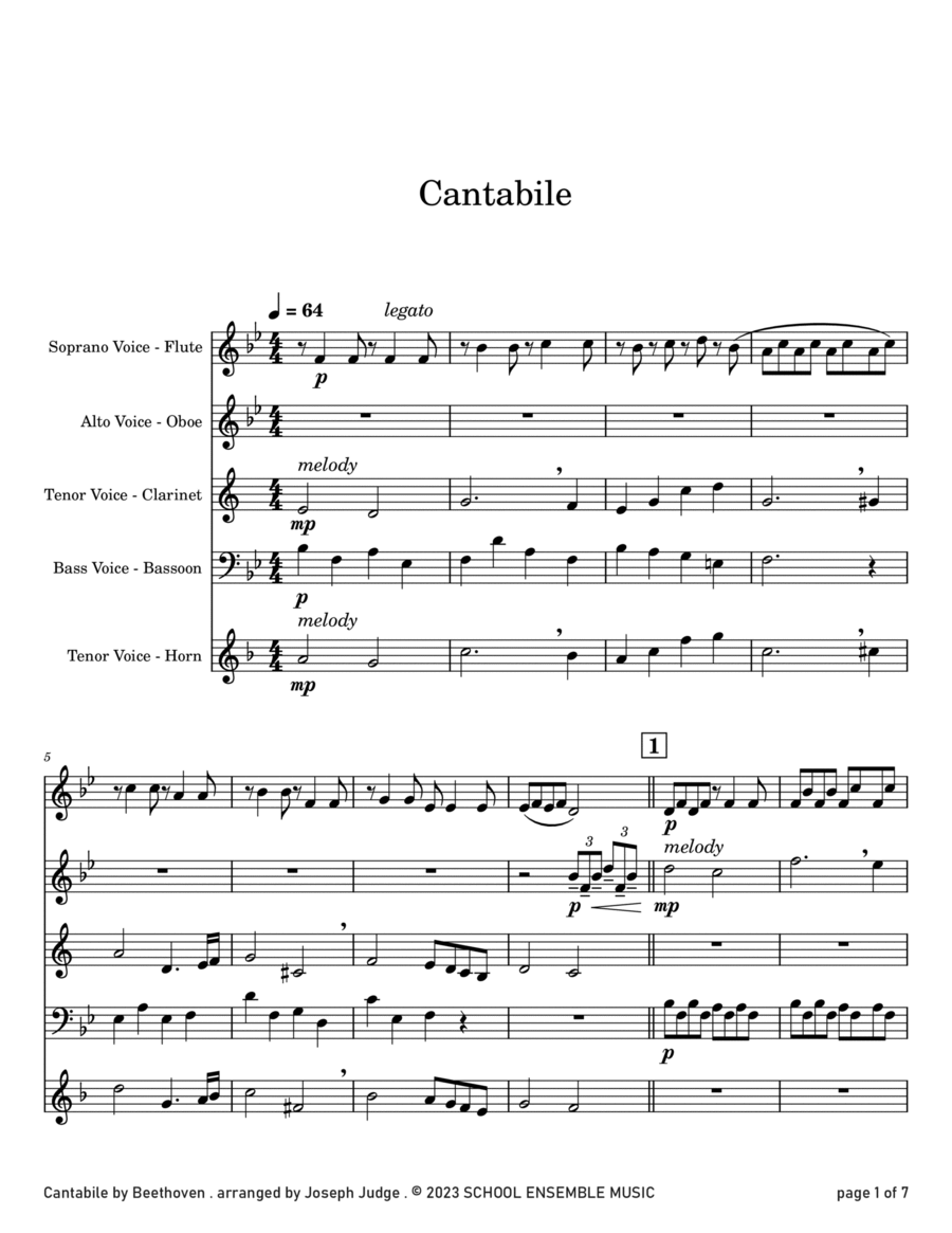 Cantabile by Beethoven for Woodwind Quartet in Schools Woodwind Quartet scores gallery preview page 1