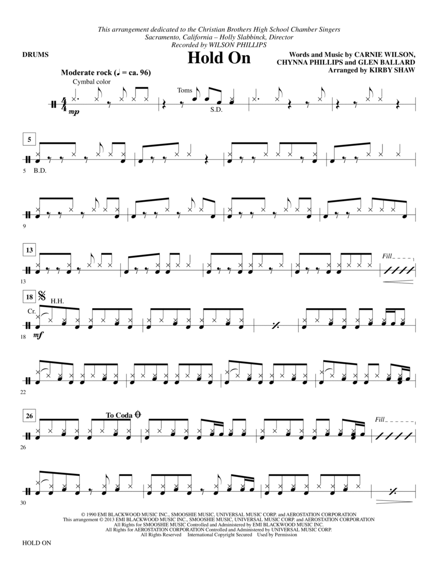 Hold On (arr. Kirby Shaw) - Drums Choir scores gallery preview page 1