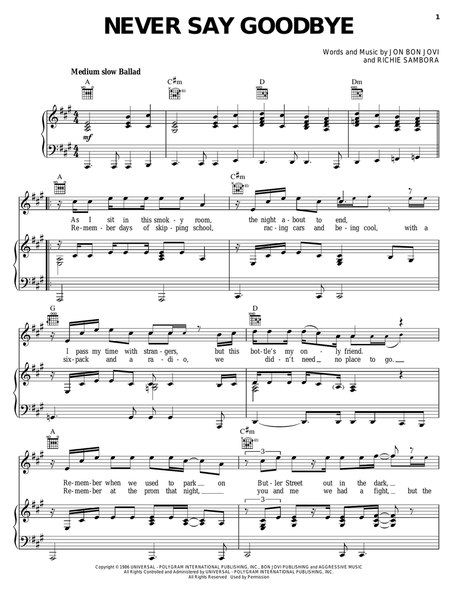 Never Say Goodbye Piano, Vocal, Guitar scores gallery preview page 1