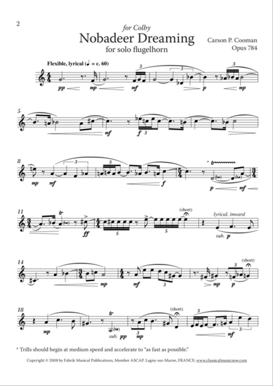 Carson Cooman - Nobadeer Dreaming for solo fluglehorn Flugelhorn scores gallery preview page 2