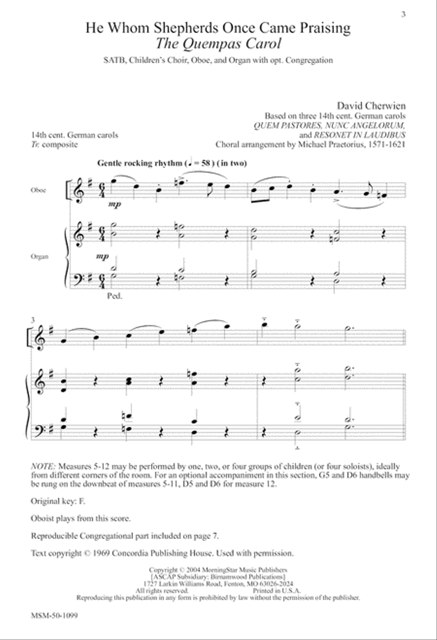 He Whom Shepherds Once Came Praising The Quempas Carol 4-Part scores gallery preview page 1