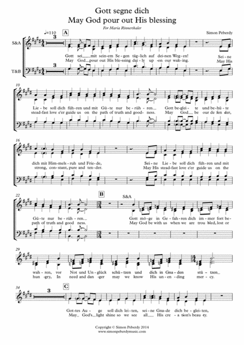 Gott segne dich / May God pour out his blessing (Gm & Eng) (SATB or STB or SA and piano/guitar image number null