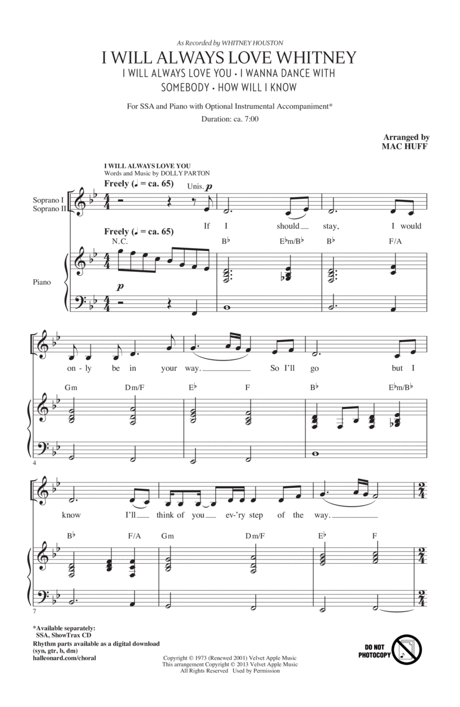 I Will Always Love Whitney SSA scores gallery preview page 1