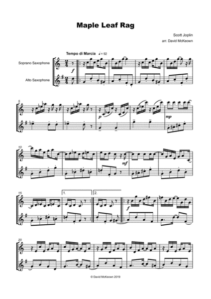 Maple Leaf Rag, by Scott Joplin, Soprano and Alto Saxophone Duet