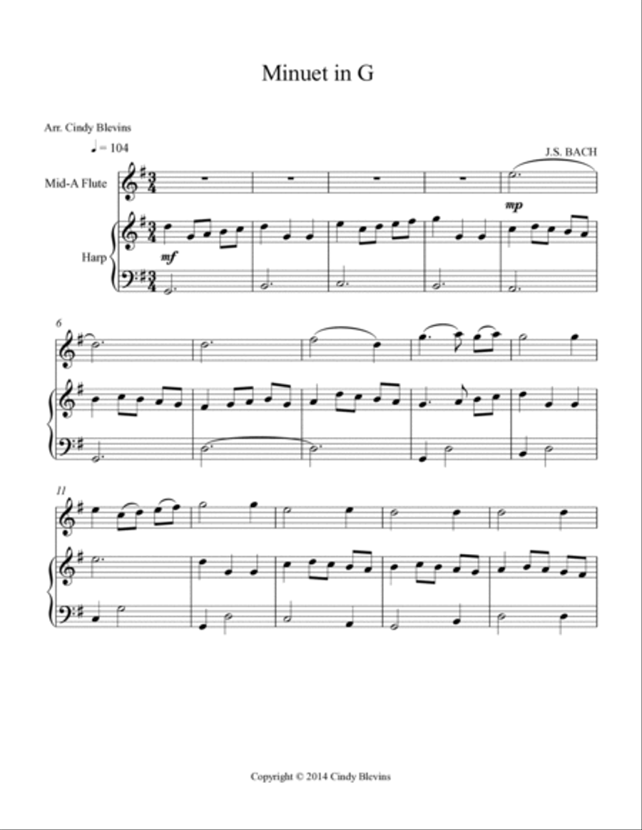 Minuet in G, for Harp and Native American Flute Flute scores gallery preview page 2