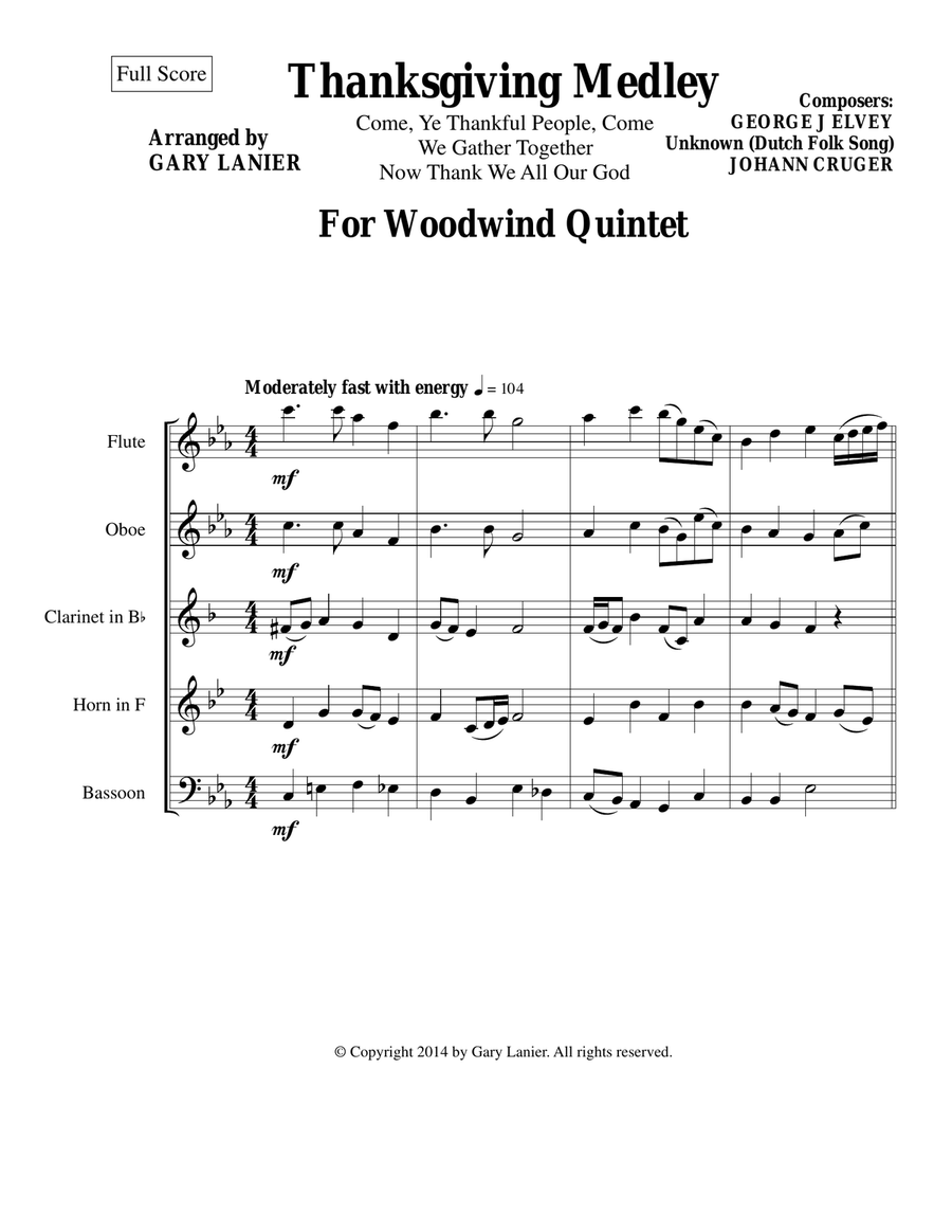 THANKSGIVING MEDLEY (Woodwind Quintet Score and Instrument Parts) image number null