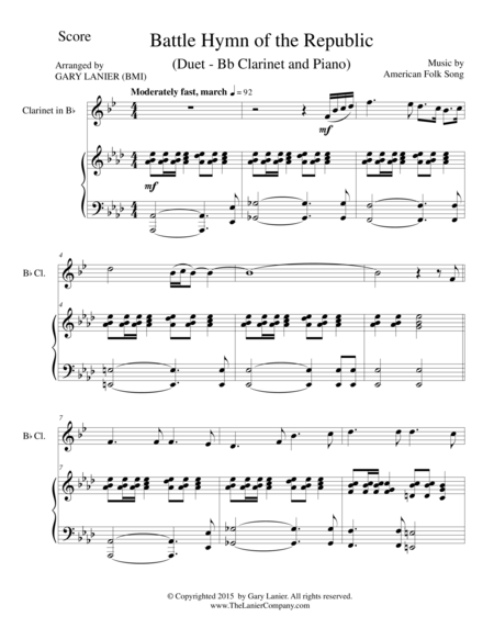 BATTLE HYMN OF THE REPUBLIC (Duet – Bb Clarinet and Piano/Score and Parts) image number null