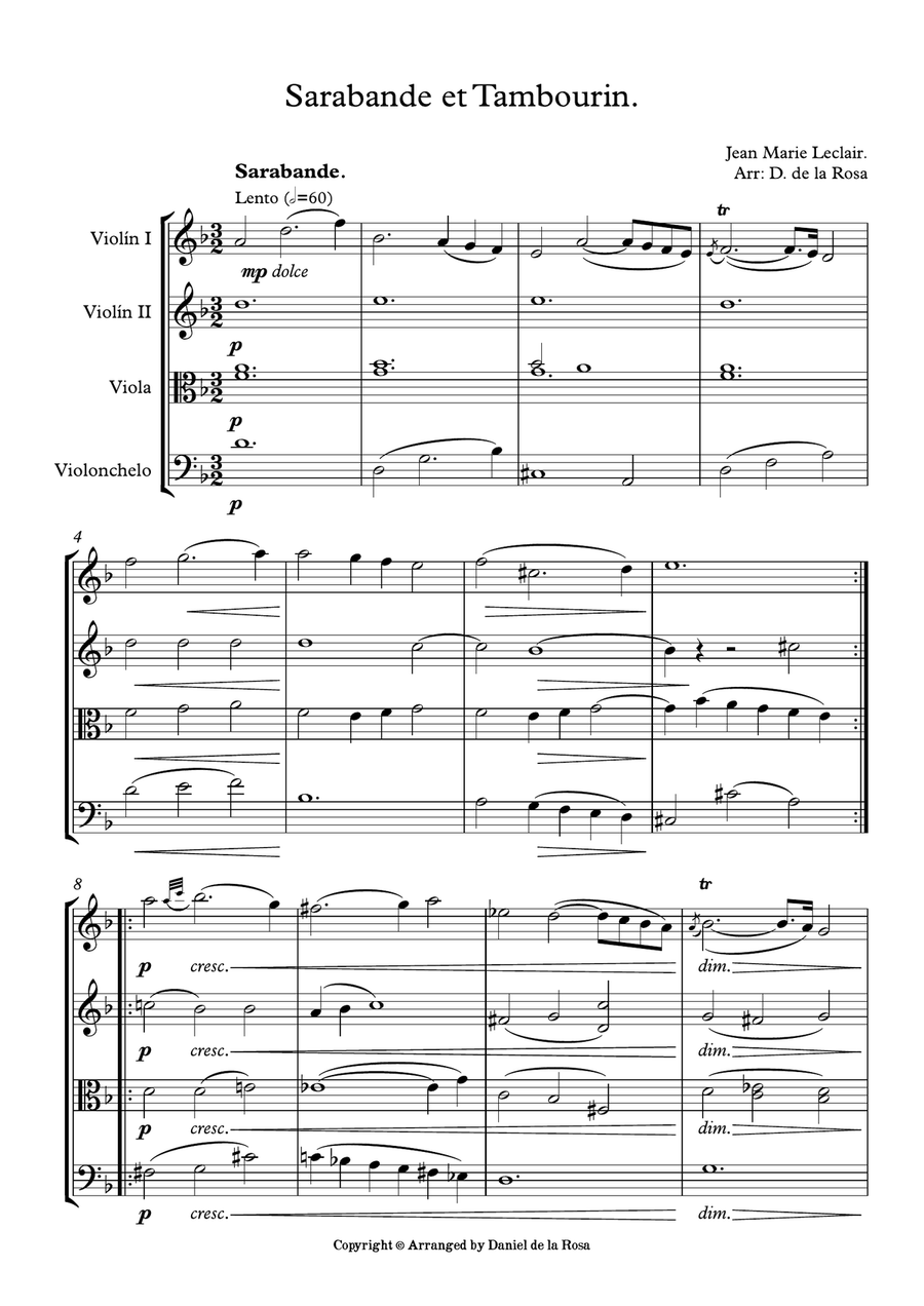 Sarabande et Tambourin - Jean Marie Leclair - For Strings Quartet ( Full Score and Parts) String Quartet scores gallery preview page 2