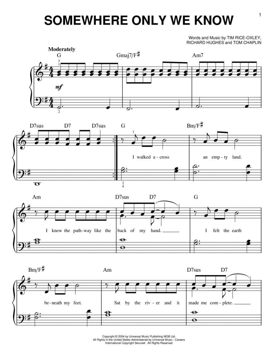 Somewhere Only We Know Easy Piano scores gallery preview page 1