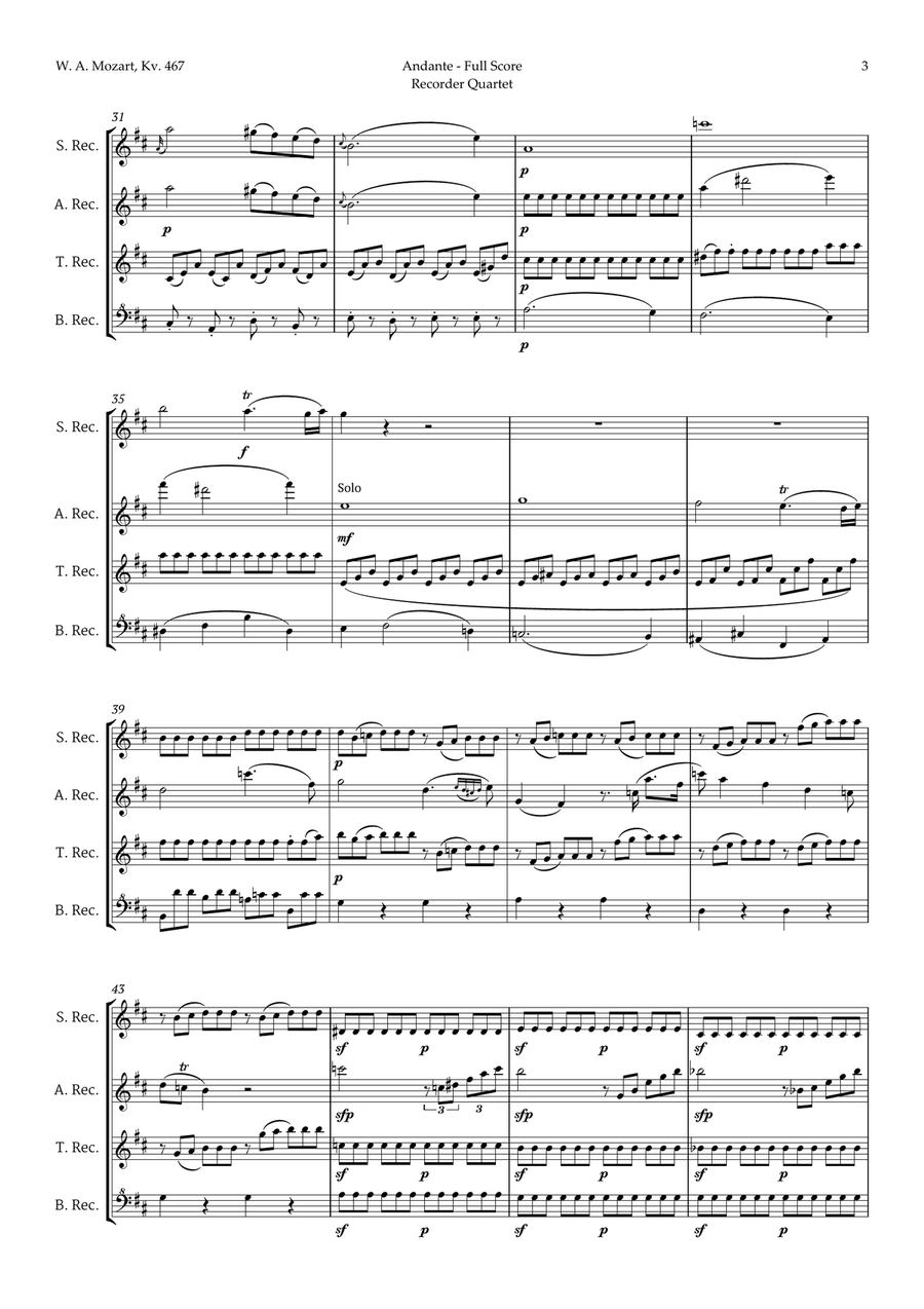 Andante from Piano Concerto No. 21 by Mozart for Recorder Quartet Chamber Music scores gallery preview page 3