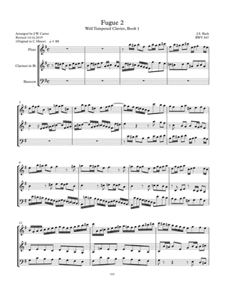 Book cover for Fugue 2, WTC I, BWV 847, by J.S. Bach, arranged for Flute, Clarinet & Bassoon