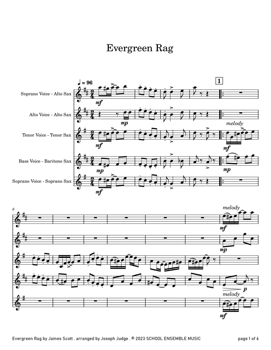 Evergreen Rag by James Scott for Saxophone Quartet in Schools Saxophone Quartet scores gallery preview page 1