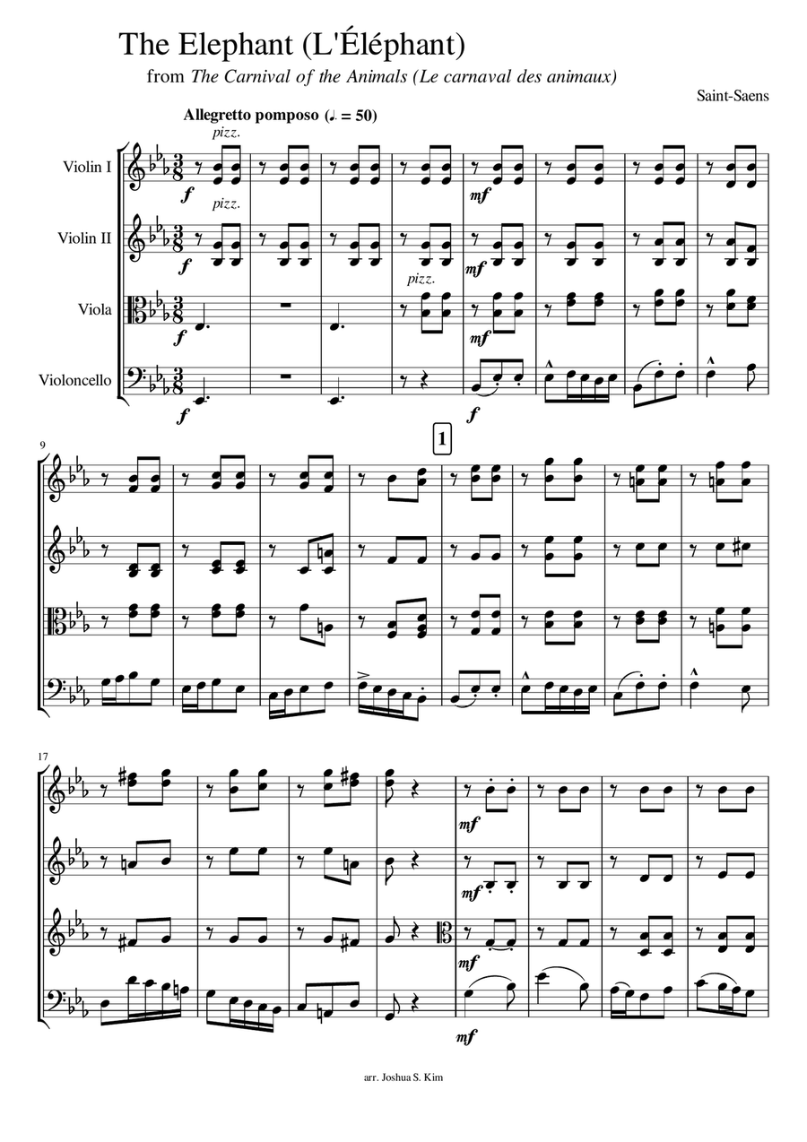 The Elephant for String Quartet (from The Carnival of the Animals) String Quartet scores gallery preview page 2