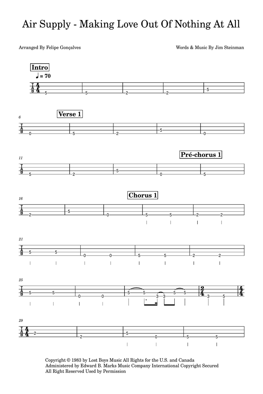 Making Love Out Of Nothing At All Bass Guitar Tablature scores gallery preview page 1