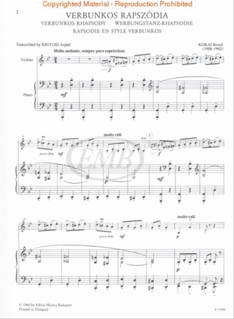 Verbunkos Rhapsody for Violin or Viola or Clarinet with Piano Accompaniment Clarinet scores gallery preview page 2