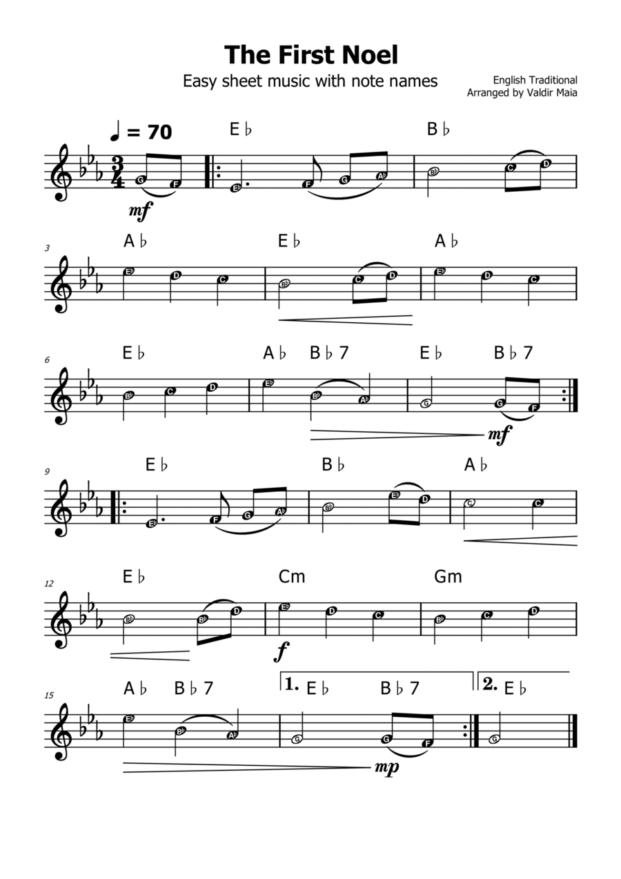 The First Noel - (Eb Major - with note names) C Instrument scores gallery preview page 1