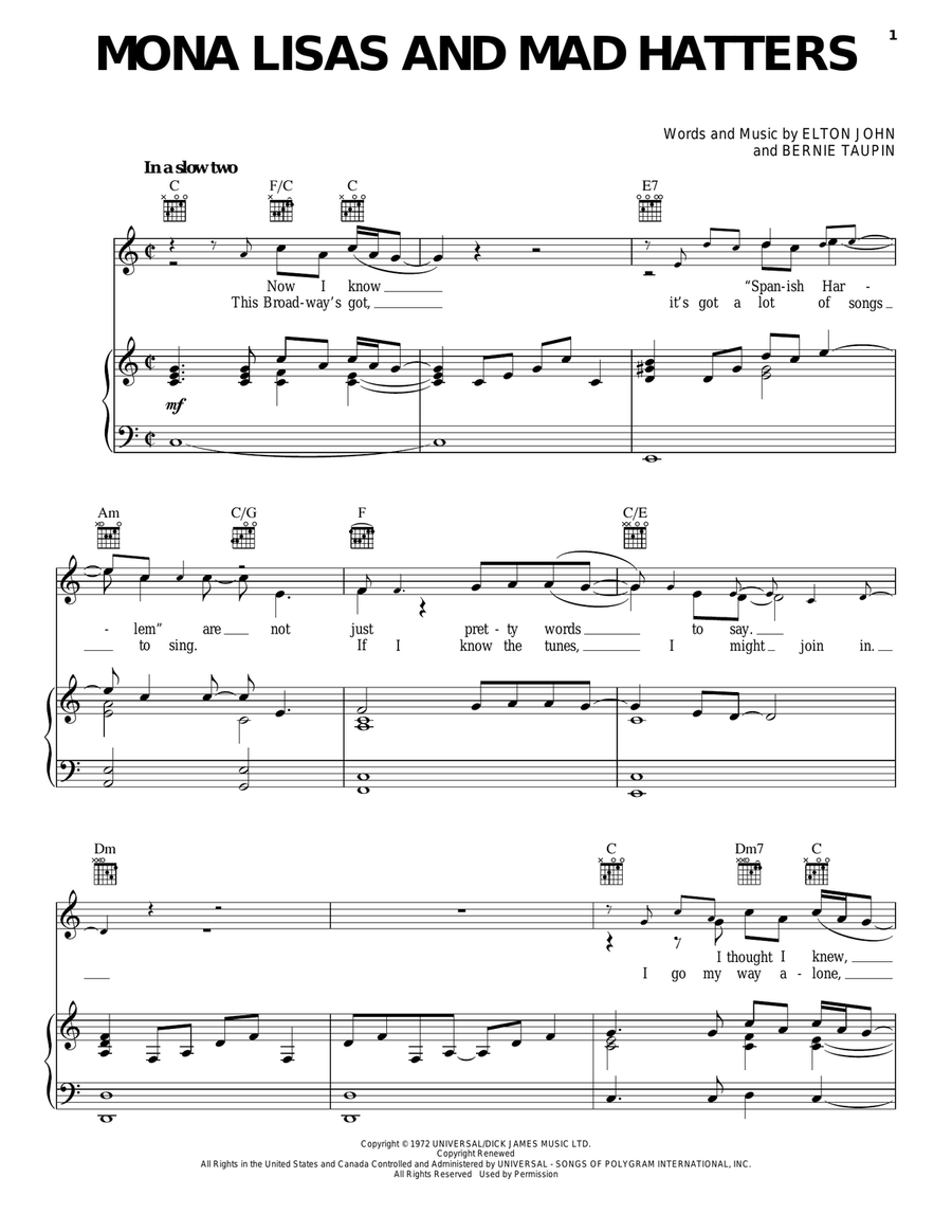 Mona Lisas And Mad Hatters Piano, Vocal, Guitar scores gallery preview page 1