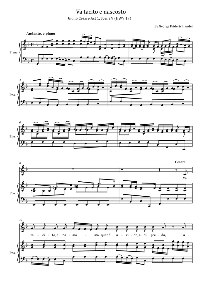 Handel - Giulio Cesare in Egitto, HWV 17 - Va tacito e nascosto - For Voice and Piano Original image number null
