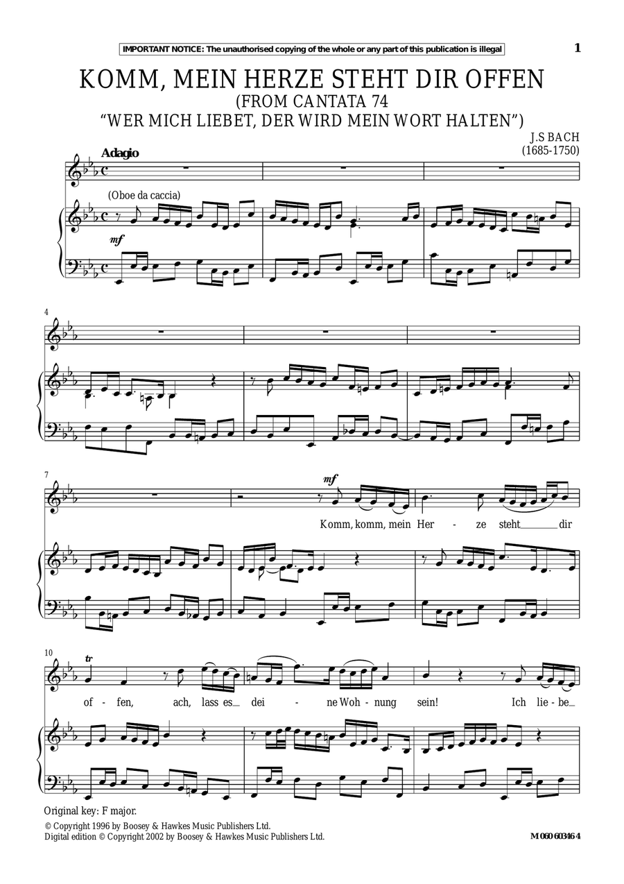 Komm, Mein Herze Steht Dir Offen (from Cantata 74 Wer Mich Liebet, Der Wird Mein Wort Halten) Piano, Vocal scores gallery preview page 1