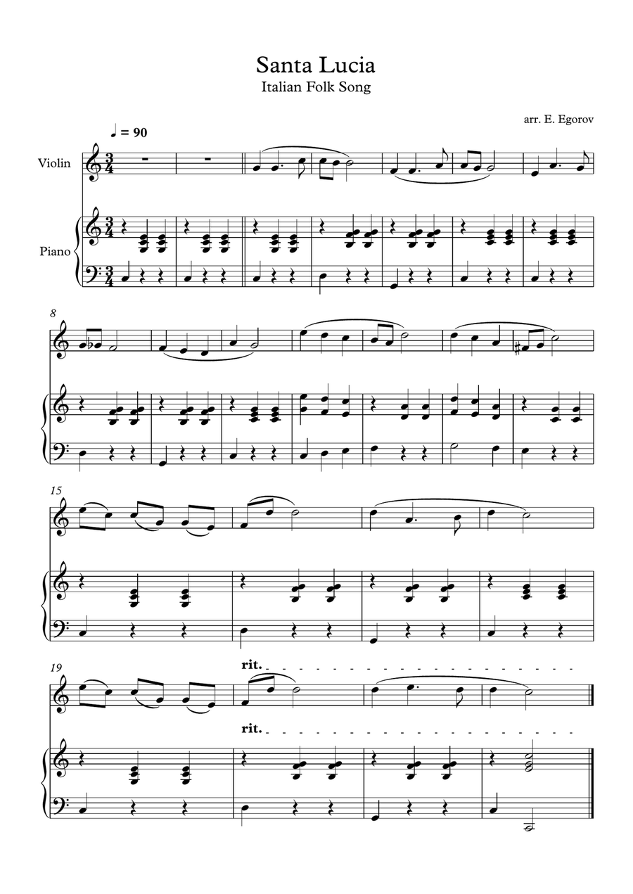Santa Lucia, Italian Folk Song, For Violin & Piano Violin Solo scores gallery preview page 1
