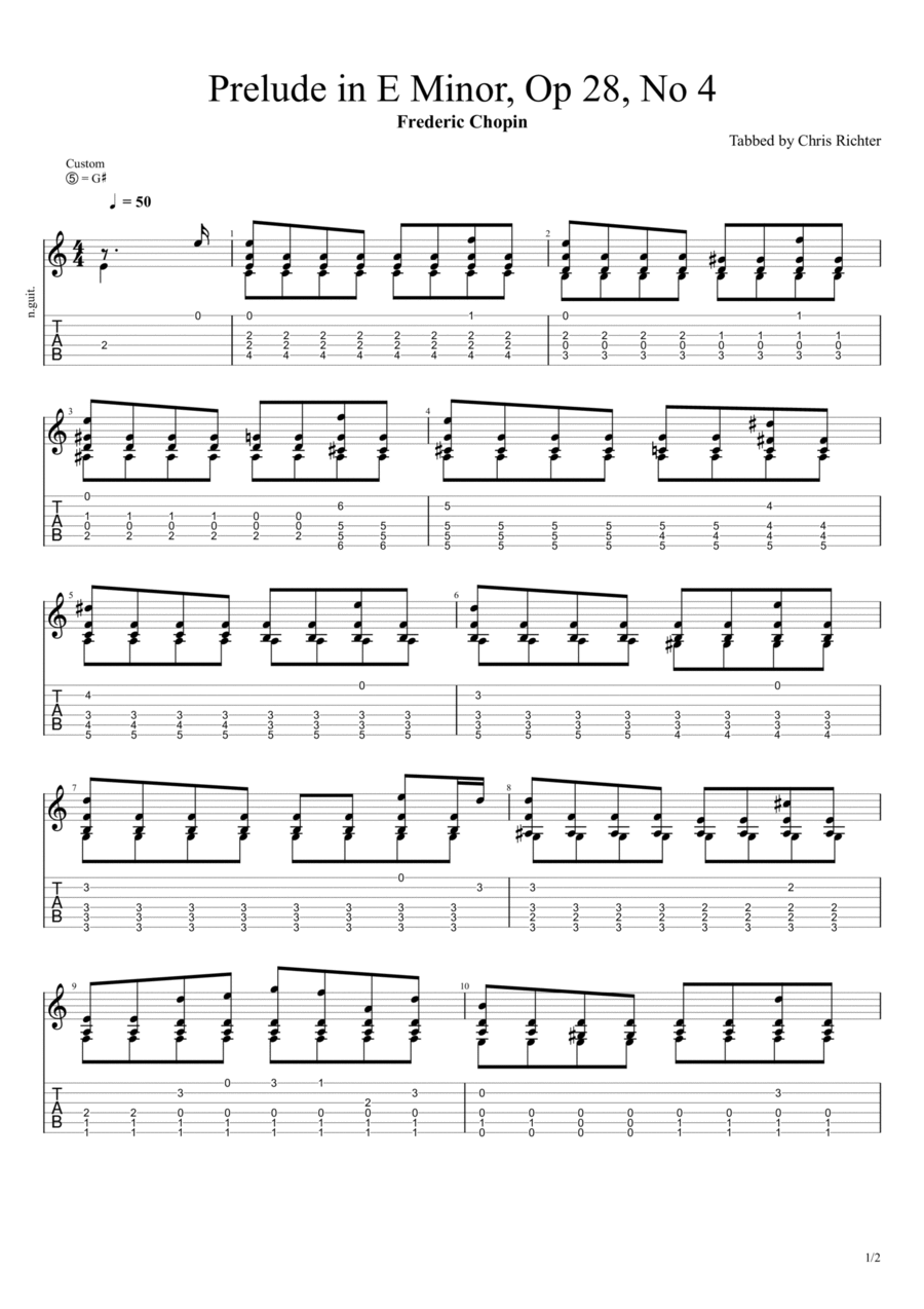 Prelude Op. 28, No. 4 in E Minor (Frederic Chopin) Acoustic Guitar scores gallery preview page 1