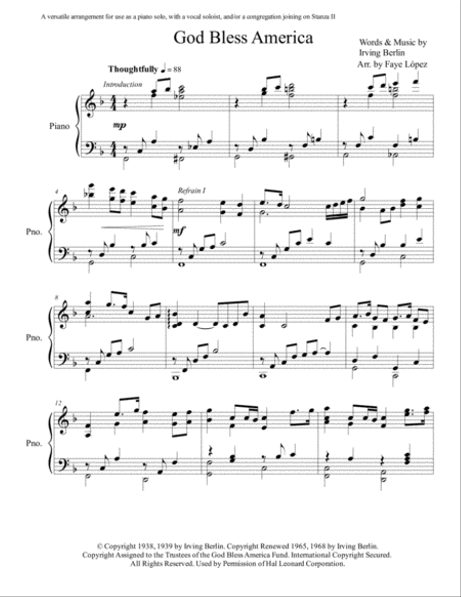 God Bless America Piano Solo scores gallery preview page 1