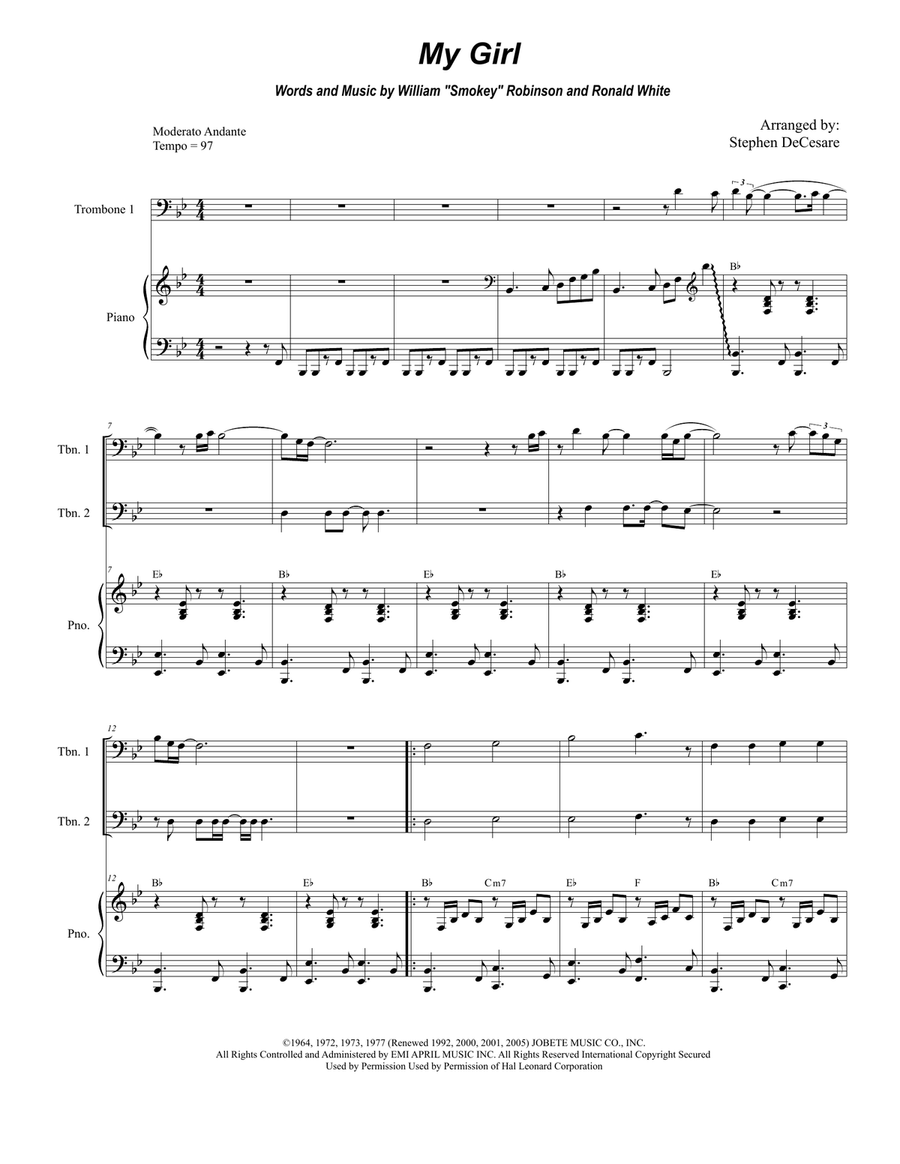 My Girl Trombone Duet scores gallery preview page 1