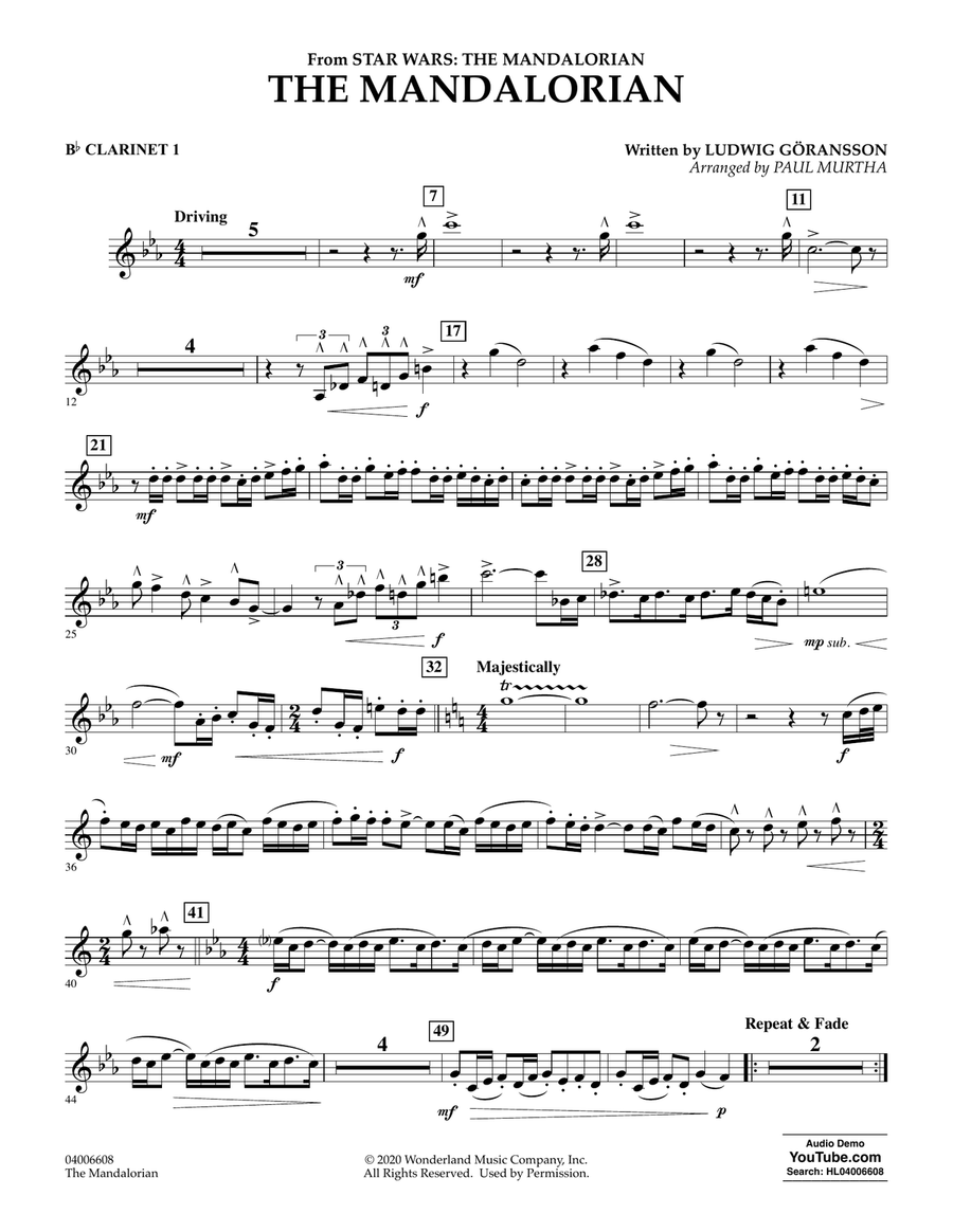 The Mandalorian (from Star Wars: The Mandalorian) (arr. Paul Murtha) - Bb Clarinet 1 Concert Band scores gallery preview page 1