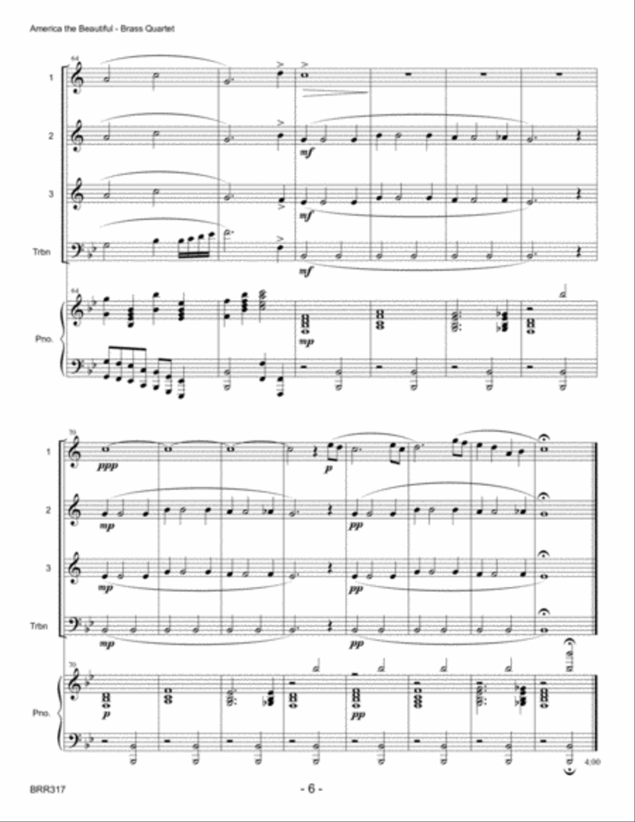 AMERICA THE BEAUTIFUL - BRASS QUARTET with optional Piano Brass Quartet scores gallery preview page 6