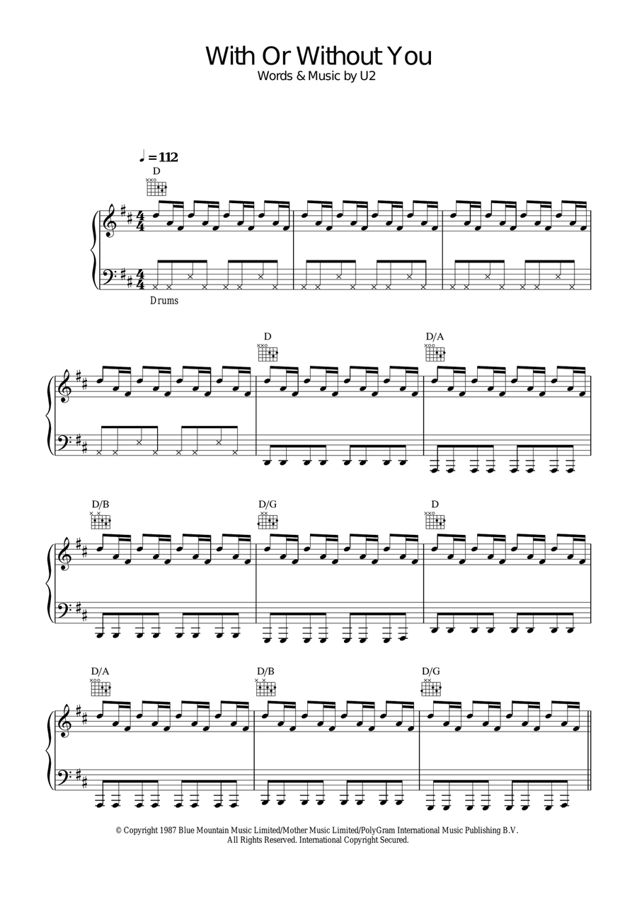 With Or Without You Piano, Vocal, Guitar scores gallery preview page 1