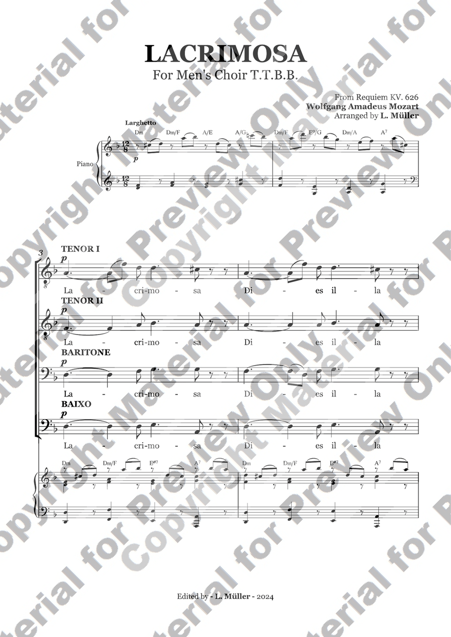 LACRIMOSA - From Requiem KV. 626 - For Choir TTBB (With chords) TTBB scores gallery preview page 1
