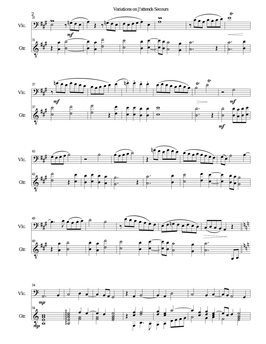 Variations on J'attends secours for cello and guitar String Duet scores gallery preview page 2