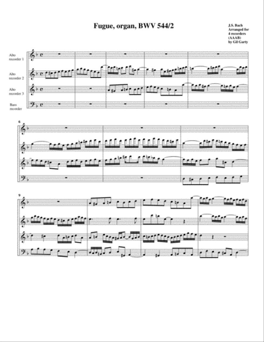 Fugue for organ, BWV 544/II (Arrangement for 4 recorders) Recorder scores gallery preview page 1