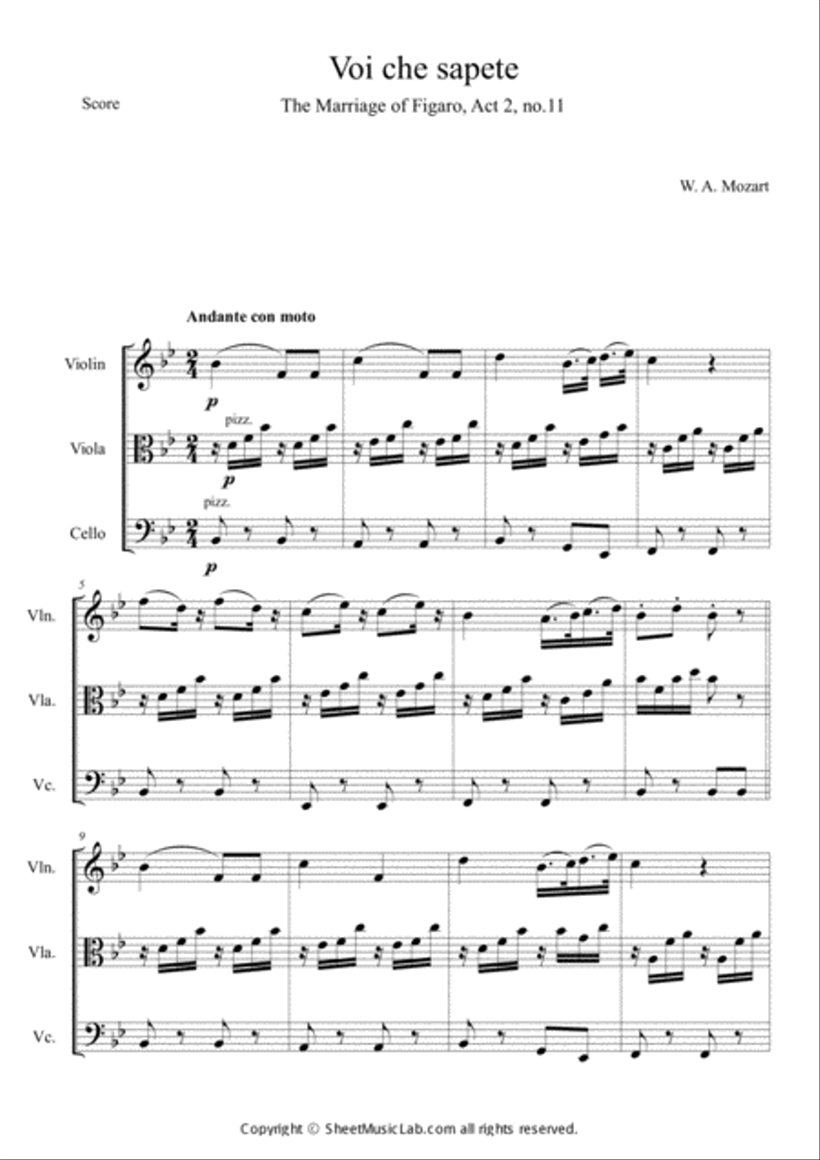 Voi che sapete (The Marriage of Figaro, Act 2 no.11) String Trio scores gallery preview page 1
