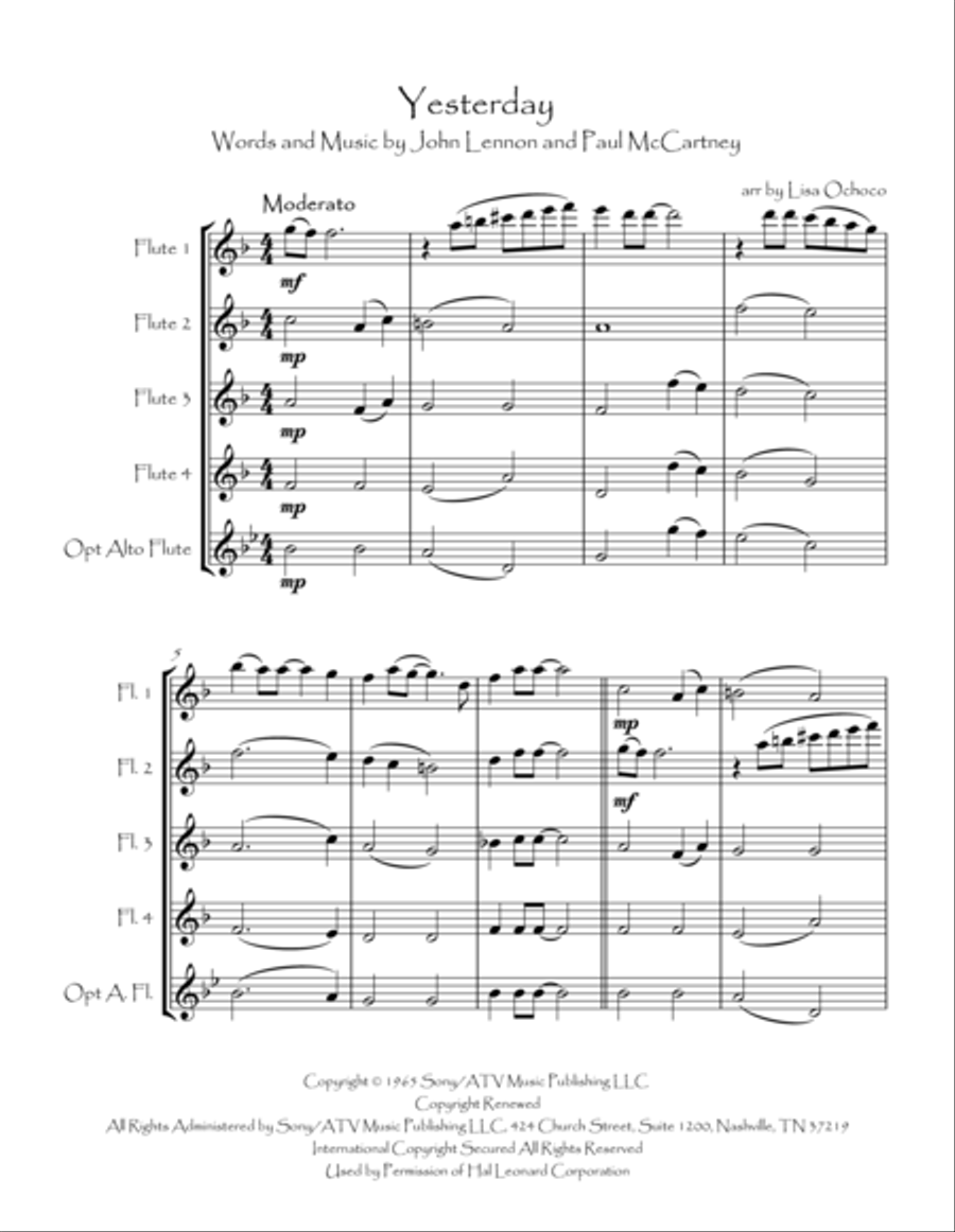 Yesterday Yesterday Flute Quartet scores gallery preview page 4