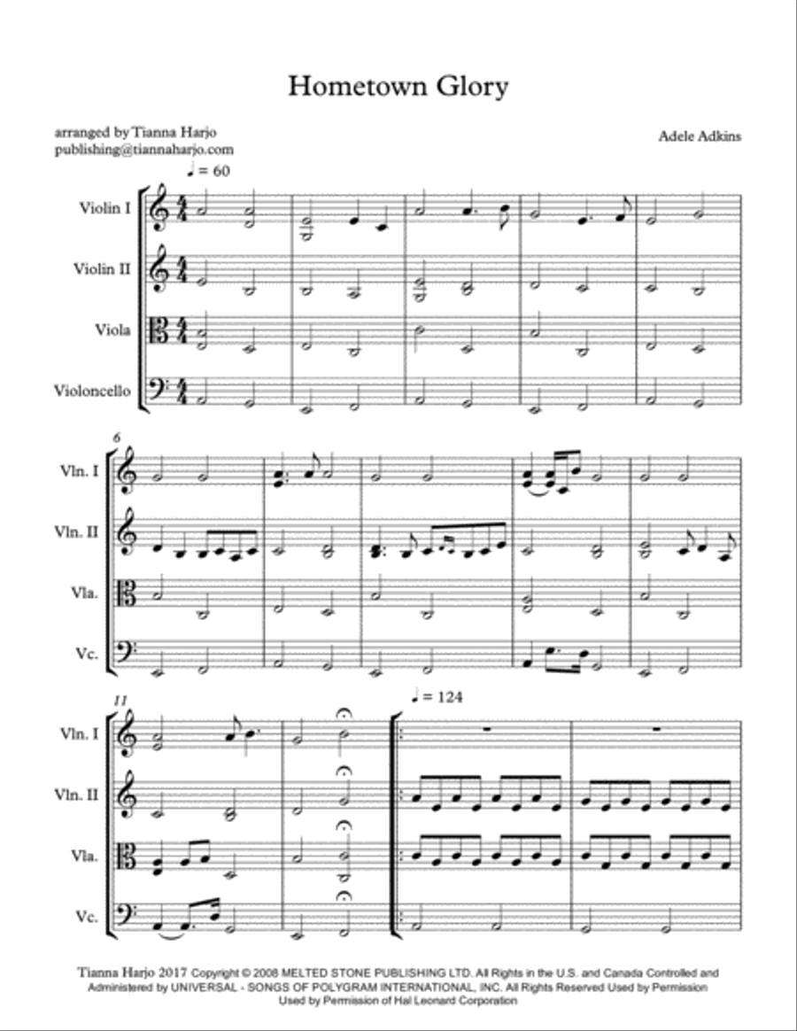 Hometown Glory Hometown Glory String Quartet scores gallery preview page 1
