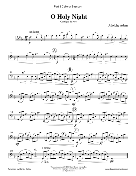 O Holy Night for Piano Quartet (Violin, Viola, Cello, Piano) Set of 4 Parts