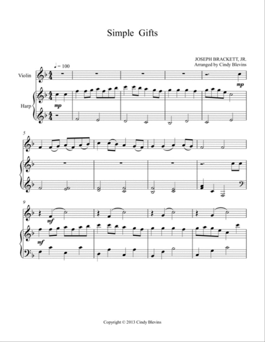 Simple Gifts, for Harp and Violin String Duet scores gallery preview page 2