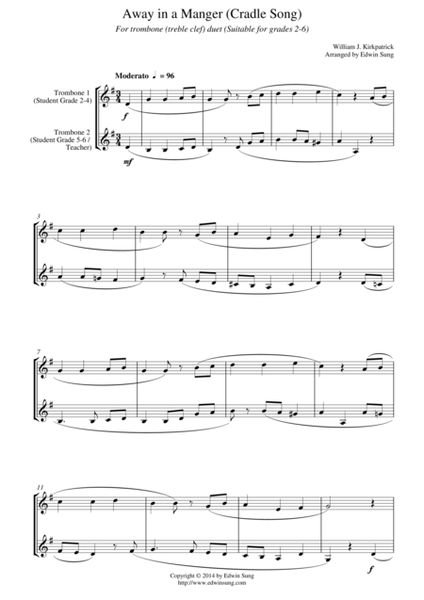 Away in a Manger (Cradle Song) (for trombone duet (treble clef), suitable for grades 2-6) image number null