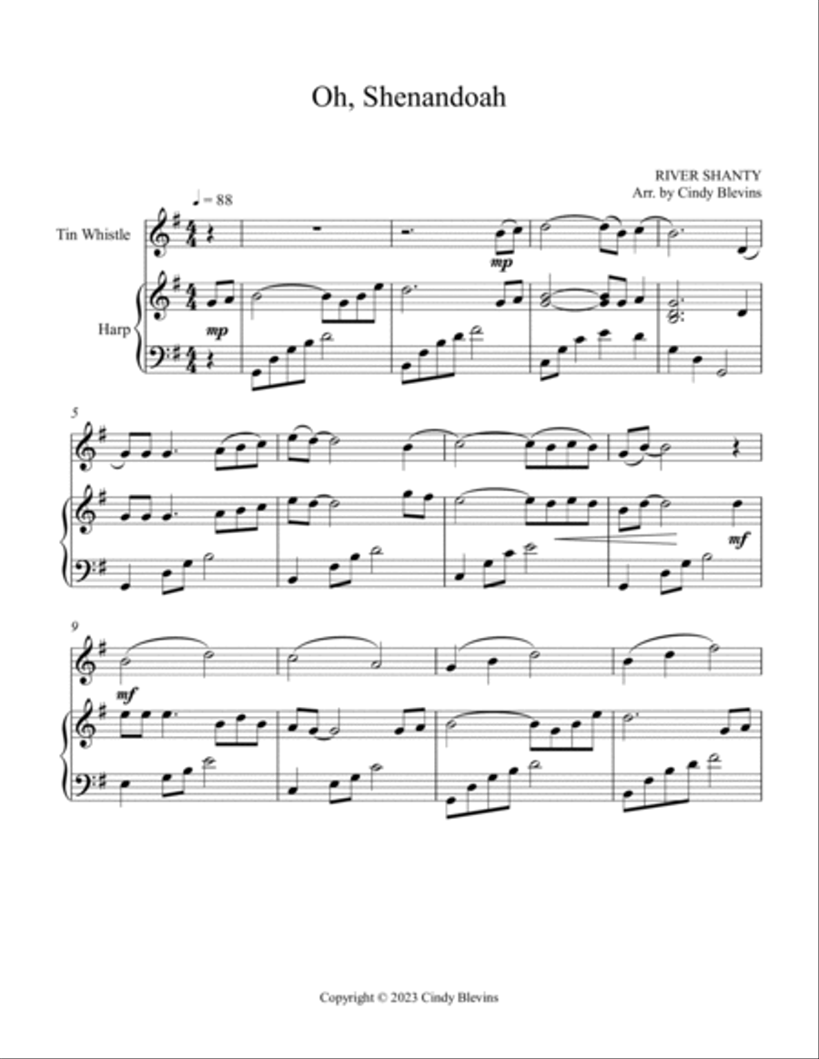Oh, Shenandoah, Harp and Tin Whistle (D) Harp scores gallery preview page 2