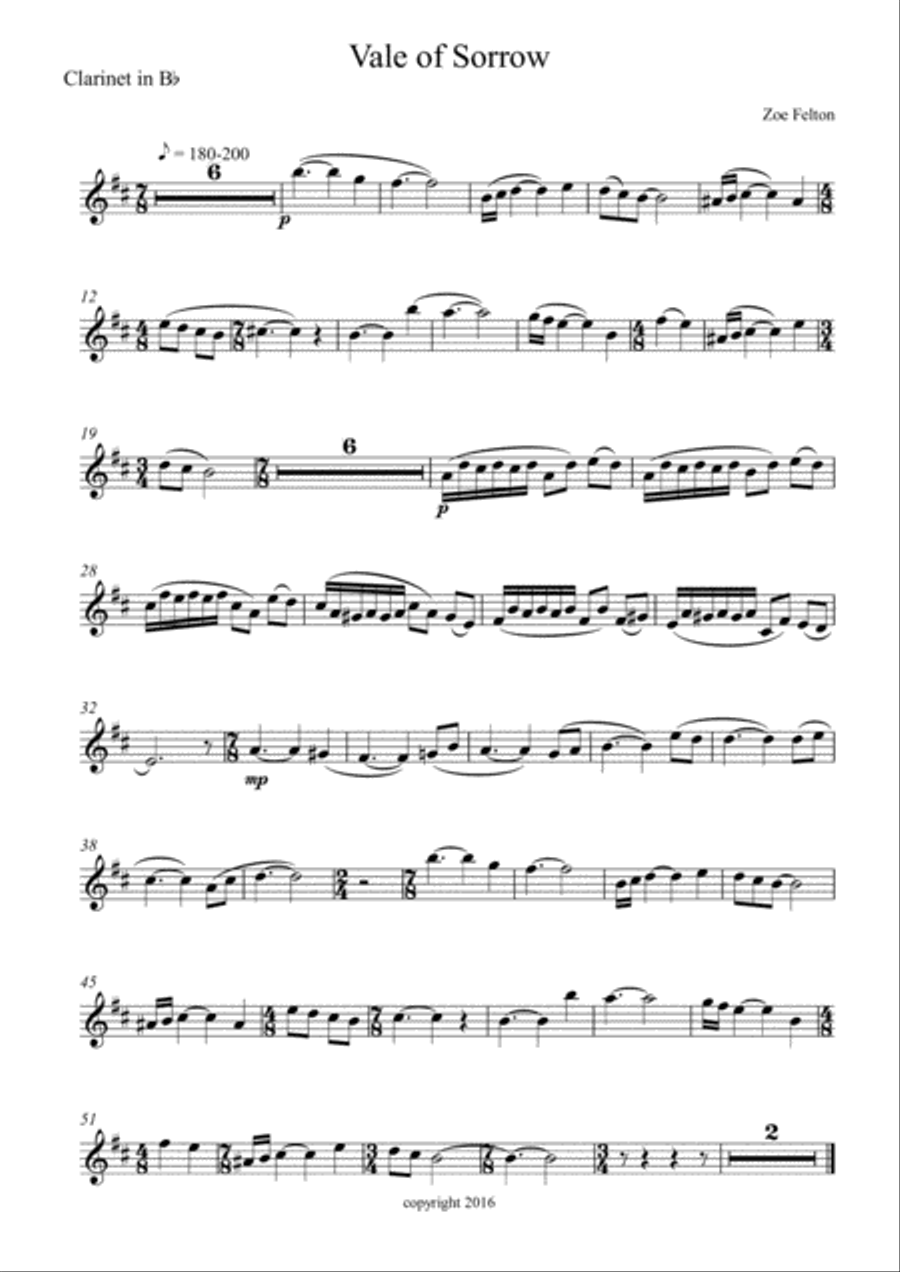 Vale of Sorrow for Clarinet Clarinet Solo scores gallery preview page 1