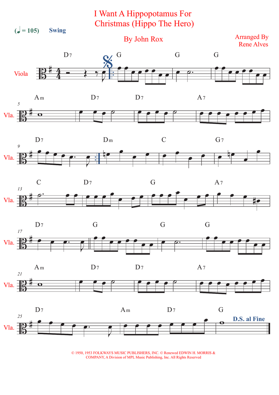I Want A Hippopotamus For Christmas (Hippo The Hero) Viola Solo scores gallery preview page 1