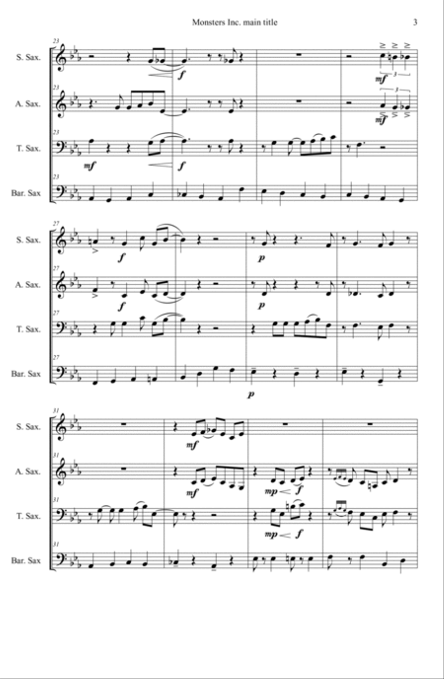 Monsters Inc. Saxophone Quartet scores gallery preview page 3