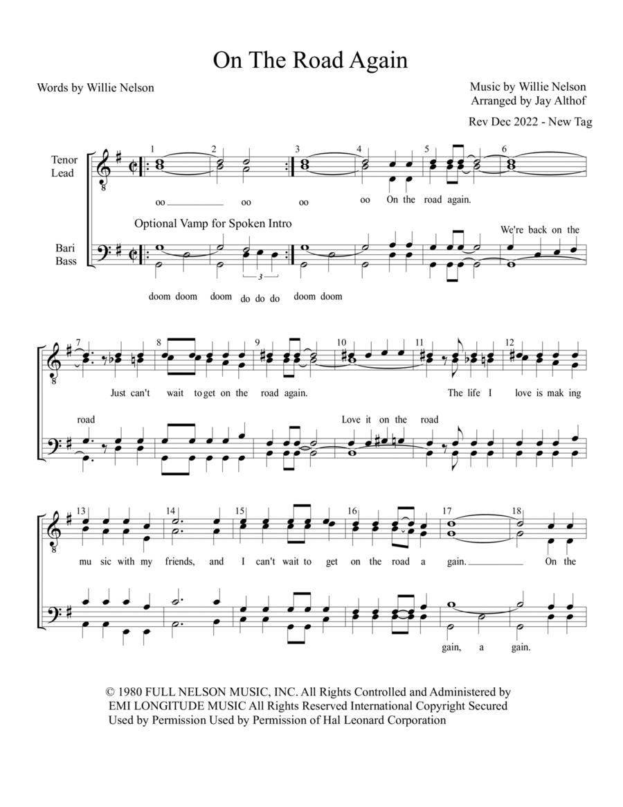 On The Road Again TTBB scores gallery preview page 1