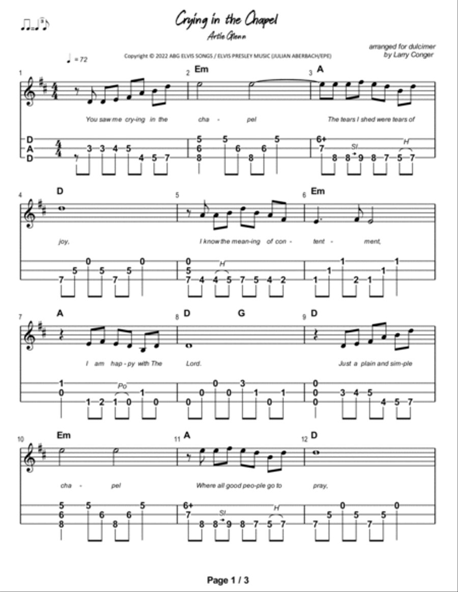 Crying In The Chapel Dulcimer scores gallery preview page 2