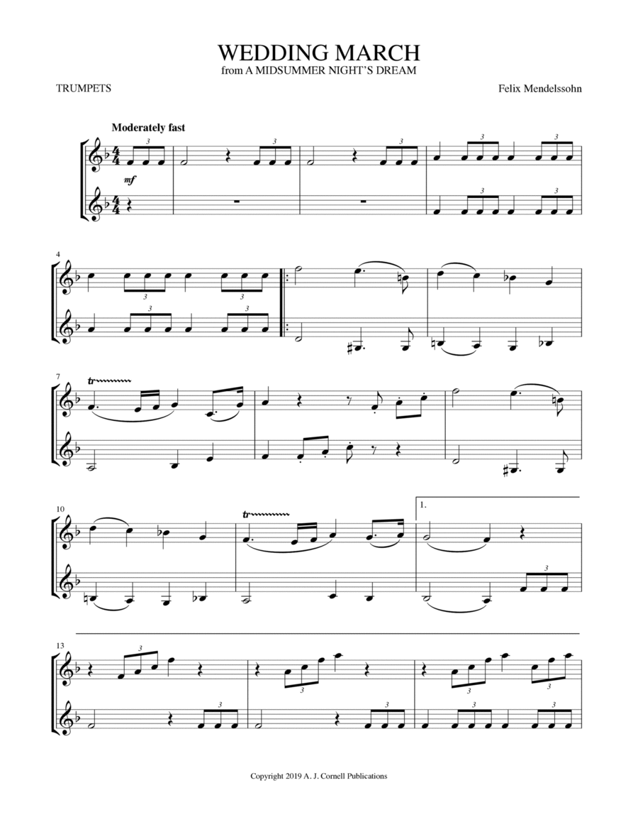 Wedding March (from A Midsummer Night's Dream) Trumpet Duet scores gallery preview page 1