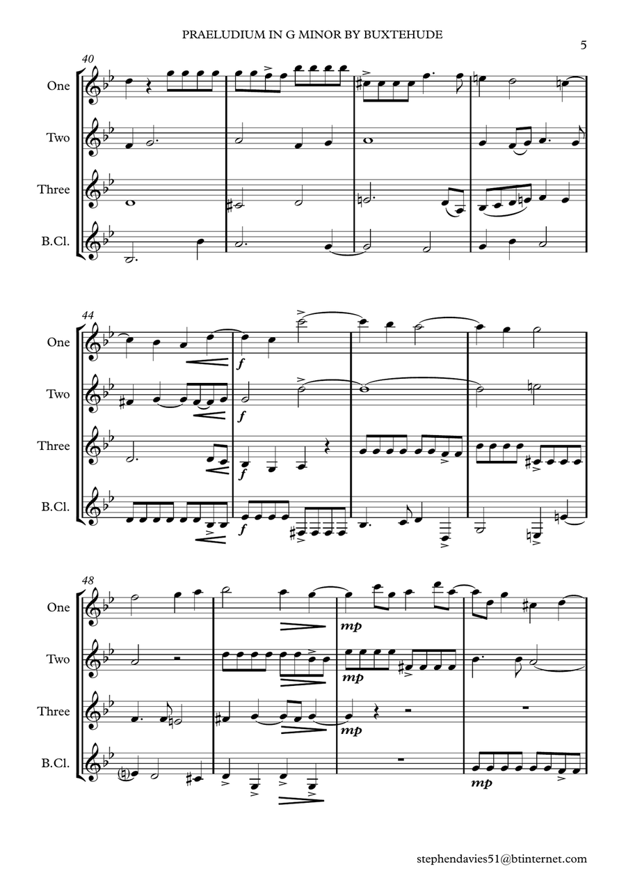 Praeludium & Fugue in G Minor by Dietrich Buxtehude (Buxwv148) for Clarinet Quartet. Clarinet Quartet scores gallery preview page 5