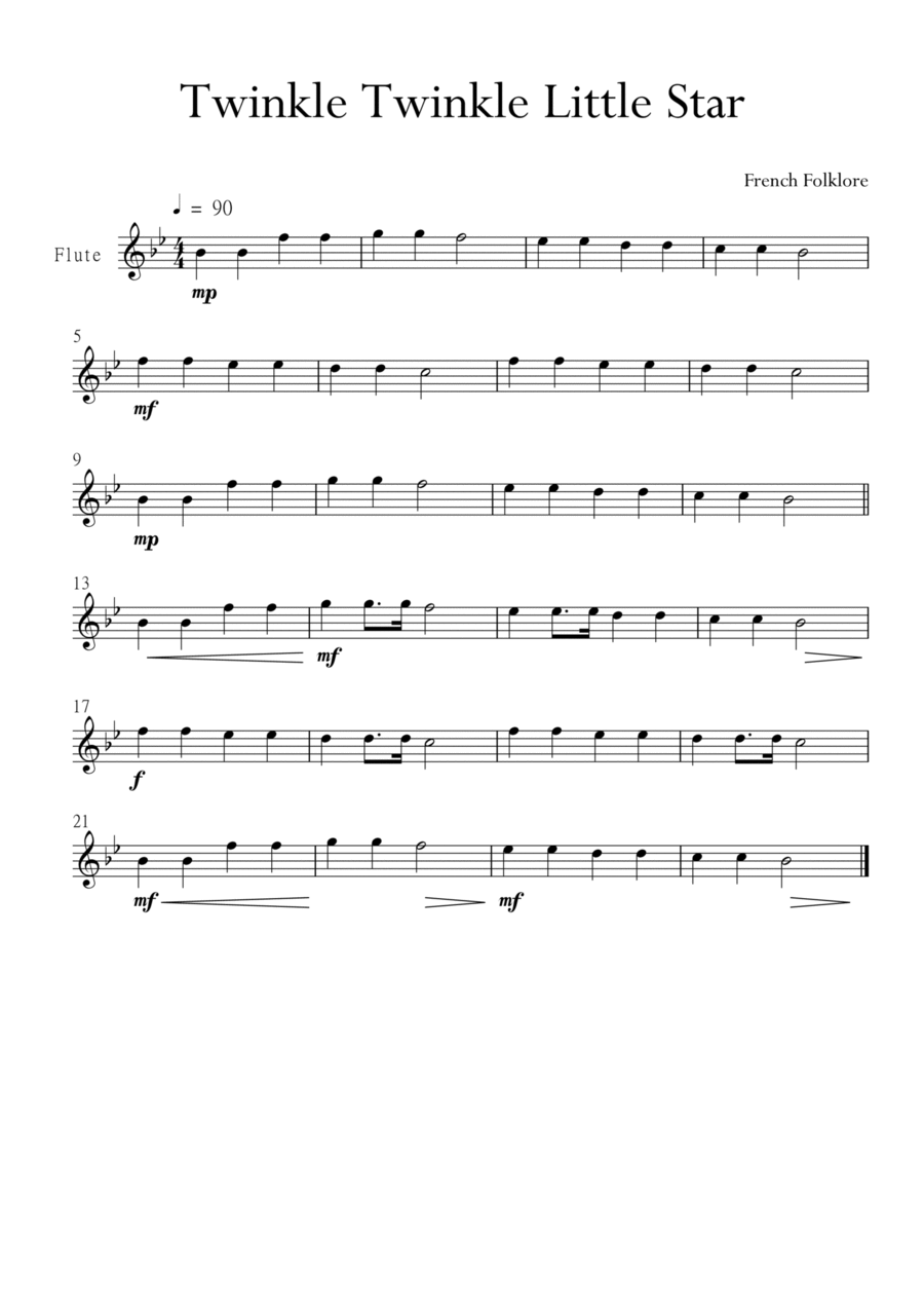 Twinkle Twinkle Little Star for Flute in Bb Major. Very Easy. Flute Solo scores gallery preview page 1